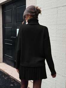 SHEIN Tall Tall Size 2pcs Women High Neck Drop Shoulder Long Sleeve Sweater And Pleated Knit Mini Skirt Set - Black - View 2