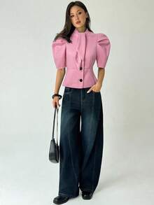 Aloruh 优雅纯色泡泡袖西装外套，适合通勤 - 粉色 - 查看 3
