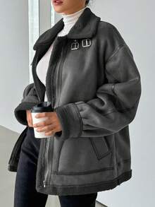 DAZY 女士仿麂皮加厚常规款夹克，冬季女式外套 - 灰色 - 查看 5