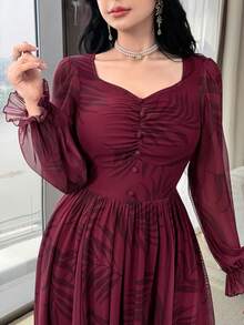 Feyla Đầm dài tay cổ tim thanh lịch dành cho nữ - Màu Đỏ Sâu - Xem 3