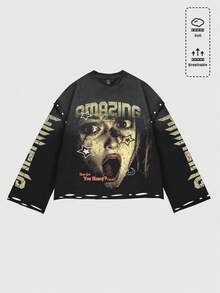 ROMWE MEN Street Life Áo thun nam tay dài in hình đường phố, dáng rộng, rách - màu đen - Xem 1