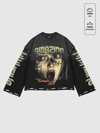 Street Life Maglietta a maniche lunghe da uomo con stampa di figure di strada e effetto vissuto, vestibilità morbida