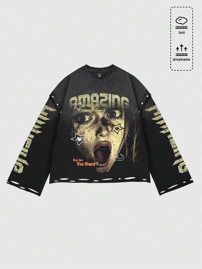 Camiseta de manga larga con estampado de figura callejera y efecto desgastado para hombre, corte holgado