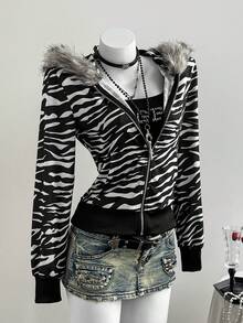 Elamini 女士黑白斑马纹仿毛领拼接口袋拉链卫衣，时尚百搭，适合通勤、教师、上学、毕业典礼、日常休闲穿着，秋冬季必备。 - 黑與白 - 查看 4