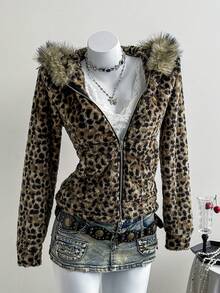 Elamini 女士咖啡色双面抓绒鹿斑豹纹拼接人造毛领长袖修身口袋拉链连帽卫衣，时尚百搭，适合通勤、休闲外出、上学、上班、约会以及秋冬季日常穿着。