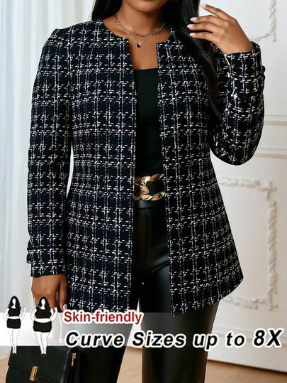 SHEIN CURVE+ Plus Size Plaid Casual Jacket For Commuting, Autumn/Winter