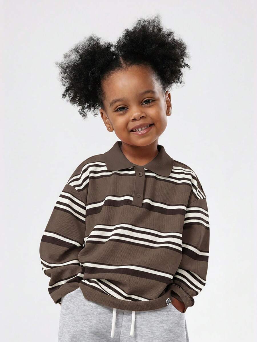 SUMWON Girls Long Sleeve Striped Polo Shirt With Collar And Button Front Casual School Top - Brown - View 1