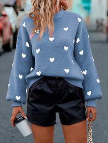 SHEIN LUNE Women's Casual Heart Pattern Drop Shoulder Sweater, Autumn/Winter - Dusty Blue - View 1