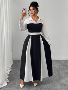 SHEIN Elenzya 女式拼接系带领长袖优雅连衣裙 - 黑與白 - 查看 3