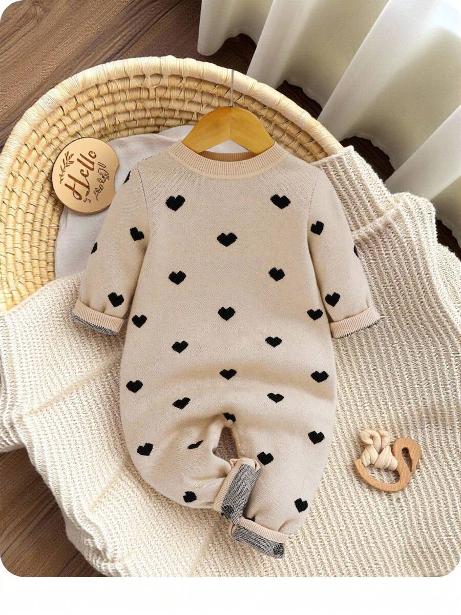 SHEIN 新生女孩可爱心形图案针织长袖连体衣，秋冬 - 卡其色 - 查看 1