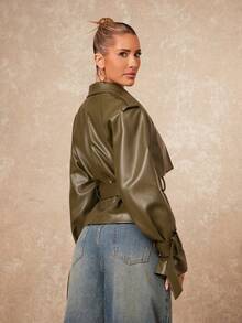 Lumalex VITNOS New Fall/Winter Women's Casual Everyday Commuter Solid Color Green Raglan Sleeve Lapel Neck Fashionable Double-Breasted Design Waist Cinched Long Sleeve Short Trench Coat, Suitable For Dates, Going Out, Night Out, Weddings, Holiday, Vacation, Birthday - Army Green - View 3