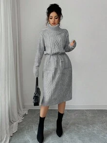 SHEIN Elenzya 女士纯色系带口袋优雅毛衣连衣裙 - 灰色 - 查看 6