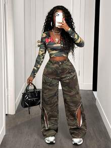 BamGleam Jeans de moda para mujer con camuflaje y remaches calados - Verde militar - Ver 7