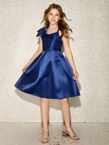 Tween Girls' Elegant Luxurious Navy Blue Royal Blue 3D Floral One Shoulder Strap Mid-Length Formal Dress,Summer Wedding Flower Girl Prom Birthday - Navy Blue - View 6