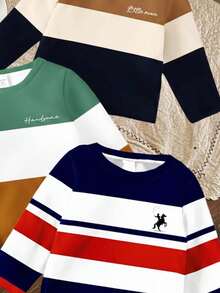 LMoss Kids 3件套男童休闲经典时尚撞色印花长袖T恤，适合春夏穿着，居家、户外活动皆宜，兄弟姐妹可搭配穿着