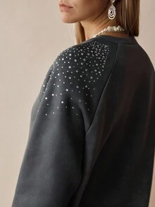 Chiquease Women's Elegant Rhinestone Embellished Sweatshirt, Autumn/Winter - Dark Grey - View 8