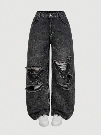 SHEIN MOD 女式大码宽松破洞喇叭牛仔裤，蓝色