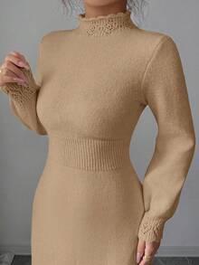 Elenzga 女式纯色高领独特设计修身腰部优雅休闲长袖针织毛衣裙，适合秋冬季 - 杏色 - 查看 1