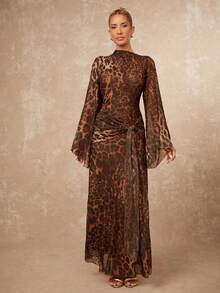 Lumalex 秋冬季豹纹超大款薄纱飘逸系带连衣裙,女士长袖正式礼服,棕色正式礼服,女士棕色婚礼宾客礼服,大地色系连衣裙,古铜色连衣裙,奢华舞会聚会派对宴会,低调奢华闪亮假日派对狂欢节郊游度假热门户外层次丰富的婚礼季宴会,宰牲节派对新年派对造型,秋季派对礼服,女士优雅连衣裙 - 咖啡棕 - 查看 6