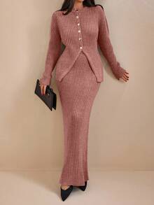 EURMUSE Women Solid Color Front Button Rib Knit Cardigan & Sweater Skirt Set - Dusty Pink - View 4