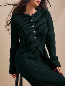 EURMUSE Women Solid Color Front Button Rib Knit Cardigan & Sweater Skirt Set - Dark Green - View 3