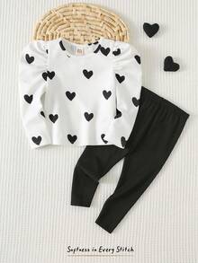 Cozy Pixies Conjunto de 2 piezas de top de manga larga con cuello redondo suave y pantalones de cintura elástica con estampado de corazón para bebé niña - Blanco y Negro - Ver 4