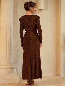 GENKIRA Brown Glitter,Autumn,Elegant,Dinner French Retro Palace Knitted Metallic Yarn Plunging Neckline Loose Wide Hem Dress With Lining,Shoulder Pads - Burgundy - View 3