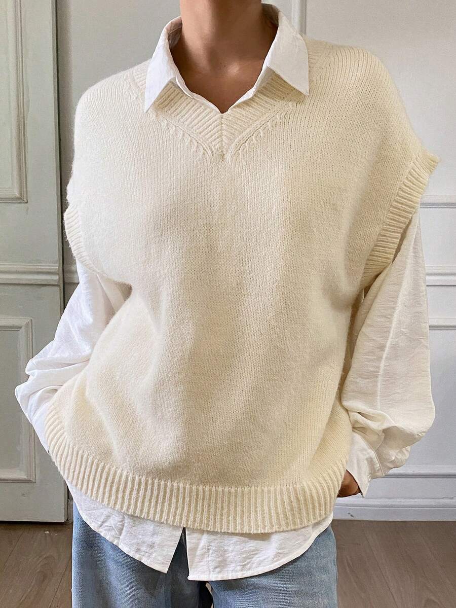 DAZY Rompi Sweater Wanita Kasual Warna Polos Leher V, Musim Gugur/Dingin - Krem - View 1