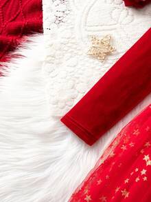 SHEIN Elegantes rotes Samtkleid mit Netzärmeln für Kleine Mädchen - Rot - Übersicht 4