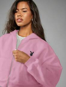 Missguided x Playboy Long Sleeve Cropped Puff PrInt Cropped Zip Up Hoodie In Fabric - Pink - View 6
