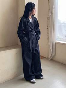 Dazy Kids 少女时尚翻领落肩长袖休闲牛仔套装