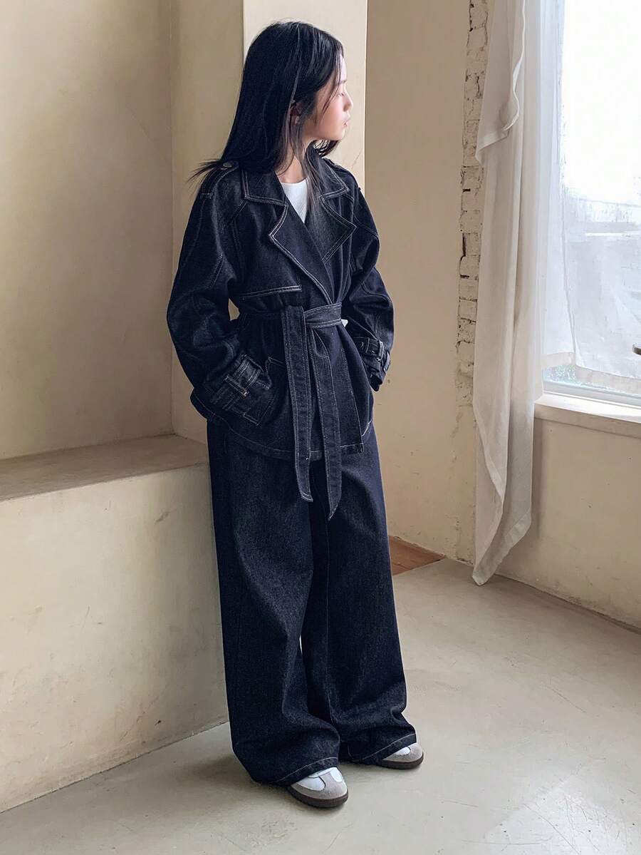 Dazy Kids 少女时尚翻领落肩长袖休闲牛仔套装