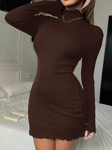SHEIN EZwear 棕色针织弹力加厚修身基本款女式连衣裙，秋冬款 - 巧克力棕 - 查看 5