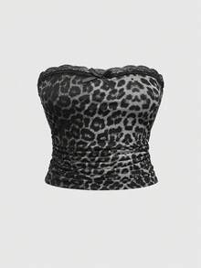 ROMWE J-Fashion Y2K原宿风豹纹蛋糕裙短裤抹胸两件套，大码 - 黑色 - 查看 6