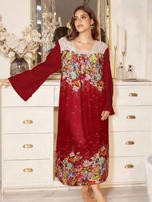 SHEIN 大码优雅花卉蕾丝拼接宽松仿丝睡裙，适合居家休闲或外穿，秋冬季节，宽松睡裙 - 紅色 - 查看 6