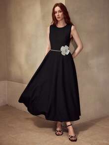 MOTF PREMIUM RHINESTONE FLORAL DECOR SLEEVELESS DRESS - Black - View 1