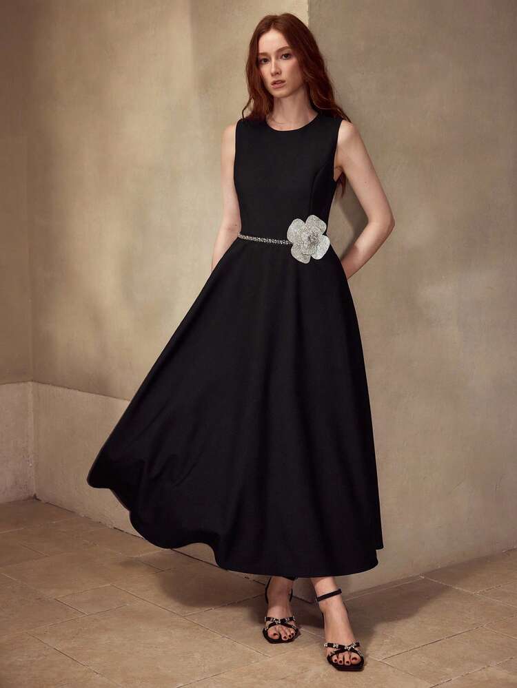 RHINESTONE FLORAL DECOR SLEEVELESS DRESS