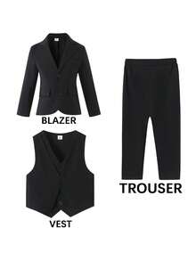 SHEIN 4 件套年轻男孩绅士西装套装 - 纹理西装外套、背心和裤子，适合生日派对、婚礼、洗礼、学校和其他场合 - 黑色 - 查看 8