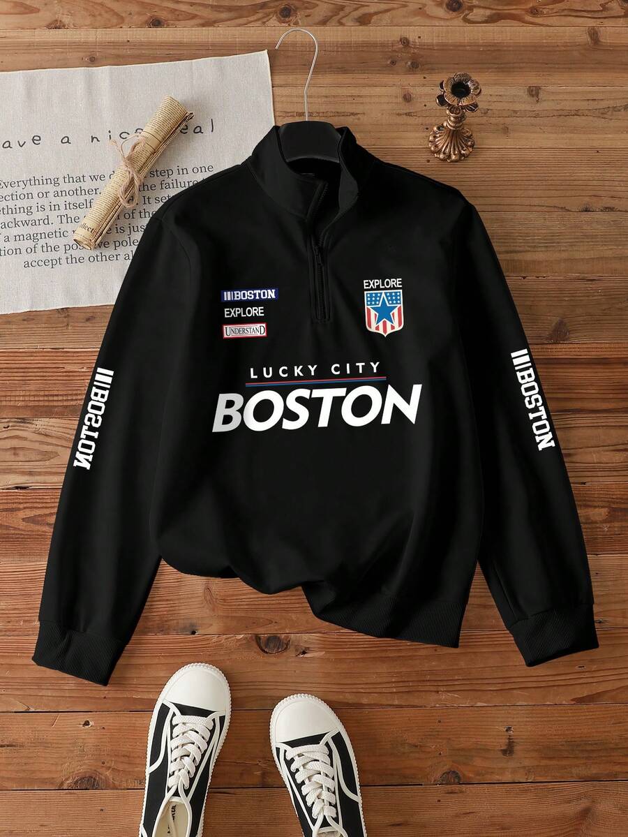 Manfinity Joysei 都市风男士黑色涤纶卫衣，饰有波士顿标志和半拉链长袖常规长度字母图案印花拉链卫衣 - 黑色 - 查看 1