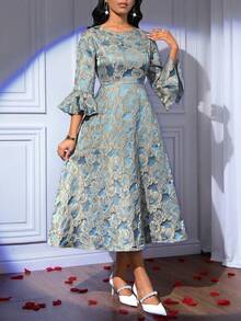 SHEIN Lady فستان أنيق للنساء بأكمام واسعة وطبعات جاكارد متوسط الطول