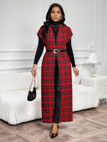 SHEIN Lady Women's Fashion Casual Plaid Print Sleeveless Regular Jacket