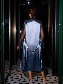 SHEIN Satin Contrast Lace Backless Sheer Camisole Nightgown And Lace Trim Robe Set For Women Panama's 2piece Nightgown Lightning Mcquee See Through Dress Blue Lingerie Dress Mesh Robe Curve Night Gown Latex, Fall & Winter Clothes