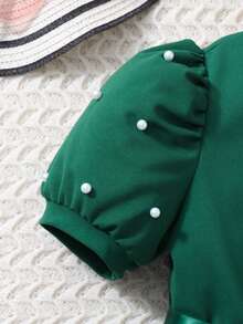 SHEIN 女童珍珠袖3D立体花卉优雅连衣裙，配腰带，夏季款 - 墨綠色 - 查看 4