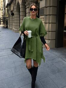 EURMUSE Women's Solid Color Round Neck Batwing Sleeve Fringe Patchwork Casual Sweater Dress For Autumn Winter - Green - View 5