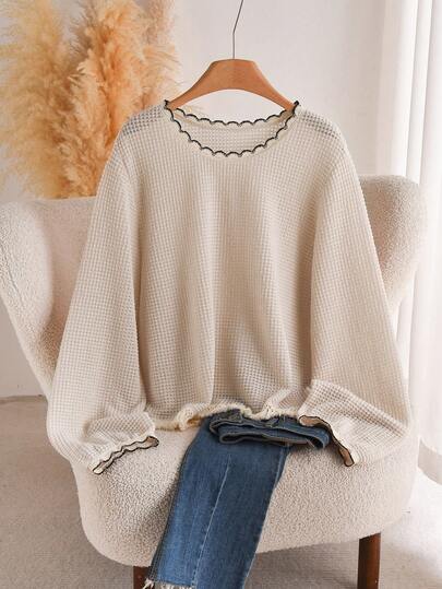 CosyJoli 大码休闲圆领蕾丝拼接透视套头T恤