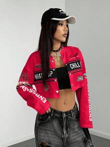 SHEIN PETITE Women's Streetwear Printed Motorcycle Short Jacket - Red - View 3