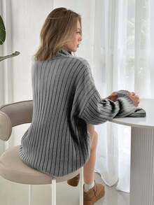 Cloudara Women High Neck Flare Sleeve Rib Knit Comfy Sweater Pullover - Light Grey - View 2