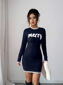 Elenzga 女式圆领撞色“圣诞快乐”紧身迷你连衣裙，针织字母印花，休闲节日圣诞毛衣裙，红色 - 寶藍色 - 查看 3