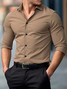 Manfinity Mode Men's Solid Color Long Sleeve Single-Breasted Casual Commuter Shirt, For Fall Khaki