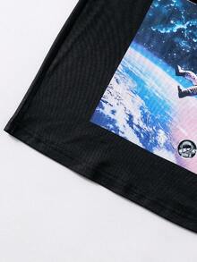 夏季男童宇航员图案休闲圆领套头T恤，带字母印花 - 黑色 - 查看 5